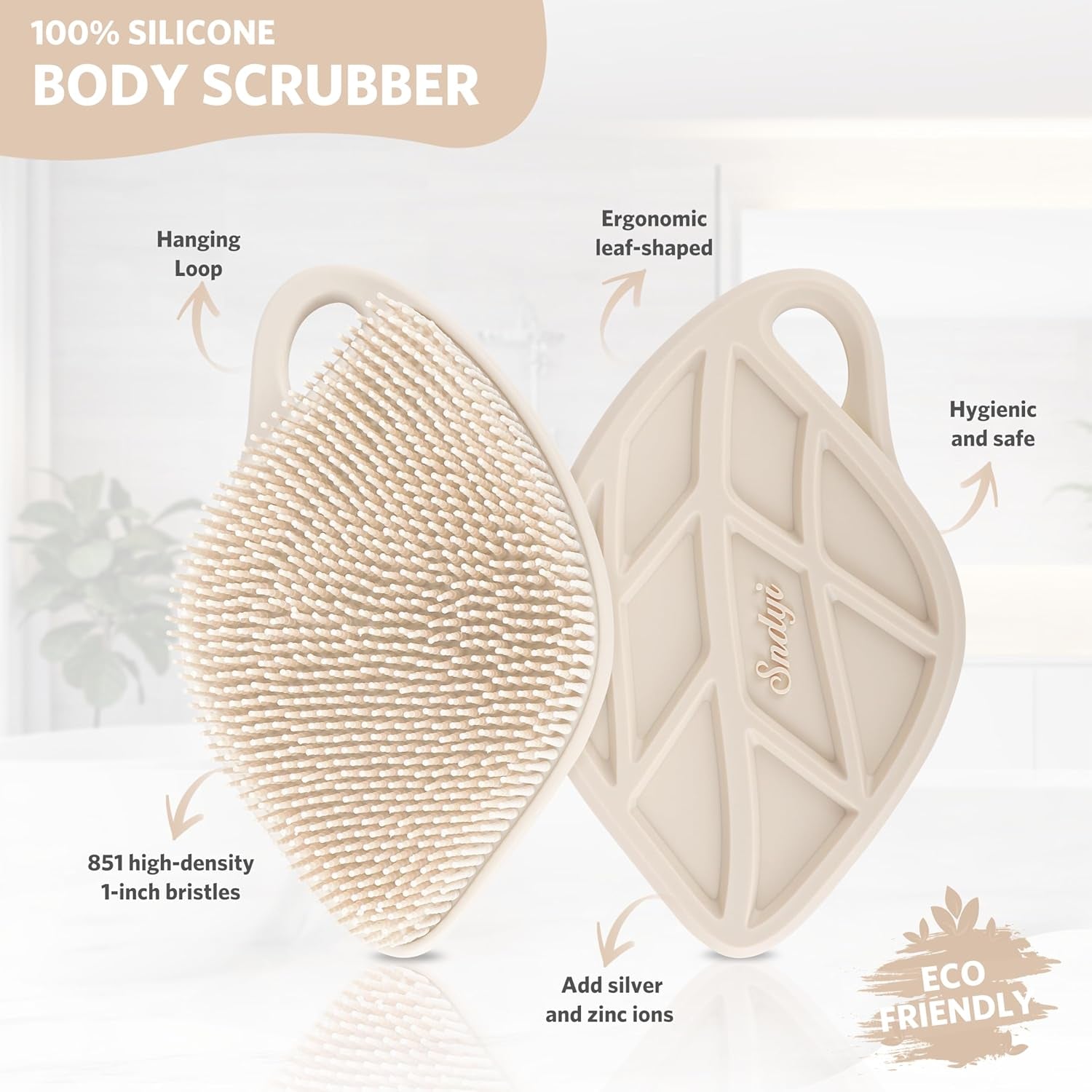 Silicone Body Scrubber, Gentle Exfoliating Body Scrubber for Sensitive Skin, Leaf Shaped Shower Scrubber for Body with Lathering Bristles, Silicone Loofah Body Brush for Showering, Oatmeal